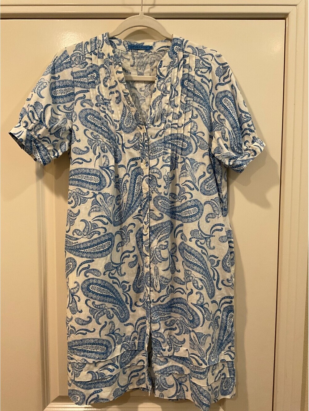 J. McLaughlin Gianna Linen Dress Blue White Bandana Paisley Puff Sleeve XS